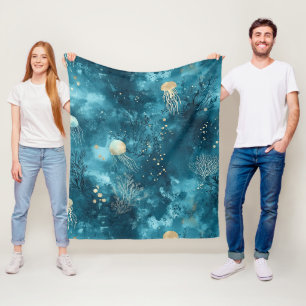 Luxury Blue Jellyfish Coral Ocean Pattern Fleece Blanket