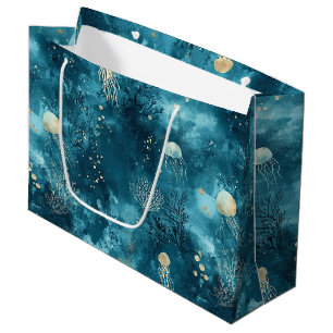 Luxury Blue Jellyfish Coral Ocean Pattern Large Gift Bag