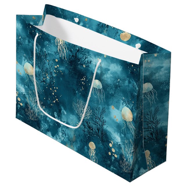 Luxury Blue Jellyfish Coral Ocean Pattern Large Gift Bag (Front Angled)