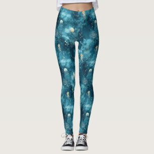 Luxury Blue Jellyfish Coral Ocean Pattern Leggings