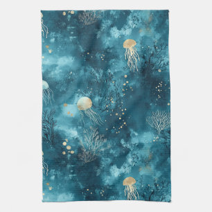 Luxury Blue Jellyfish Coral Ocean Pattern Tea Towel