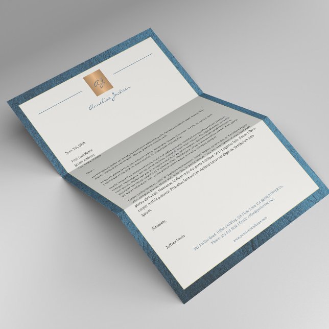 Luxury blue leather frame gold monogram business custom letterhead (Creator Uploaded)