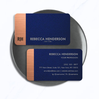 Luxury Blue Leather with Copper Accent Monogram Business Card
