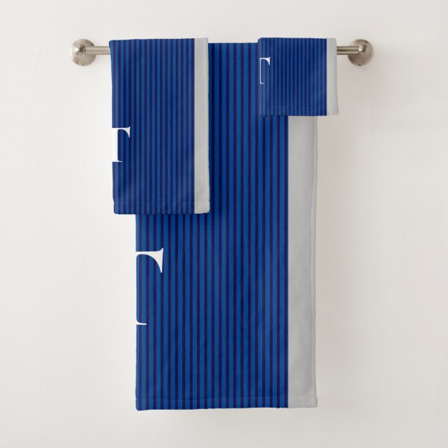 Luxury Blue Striped Boy Monogrammed  Bath Towel Set (Insitu)