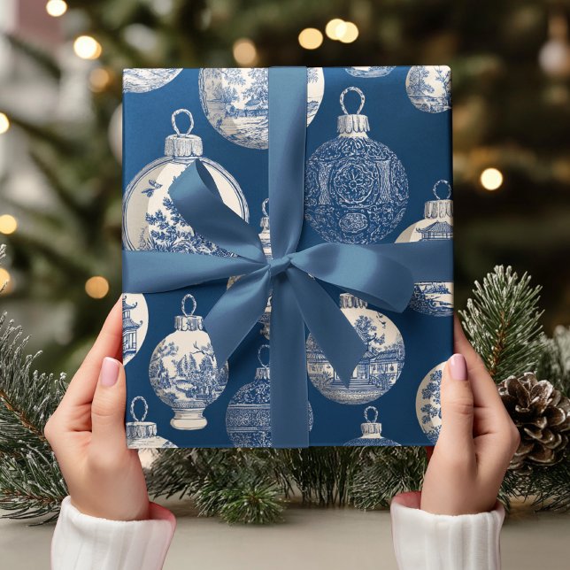 Luxury Blue Toile Christmas Ornament Wrapping Paper (Creator Uploaded)