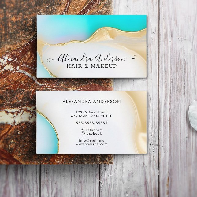 Luxury Blue White Gold Agate Marble Script Business Card (Luxury Blue White Gold Agate Marble Script Business Card)