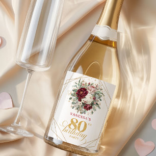 Luxury Blush Burgundy 80th Birthday Champagne Sparkling Wine Label