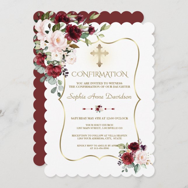 Luxury Blush Burgundy Flowers Girl Confirmation Invitation (Front/Back)
