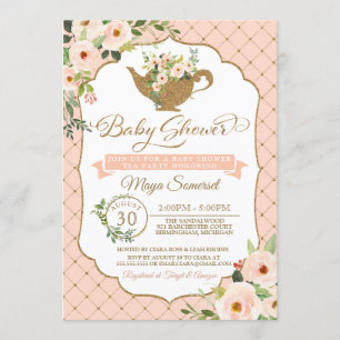 Luxury Blush Floral Girl Tea Party Baby Shower Invitation