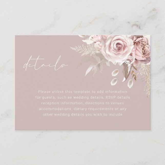 Luxury Blush Flowers Elegant Wedding Details Enclosure Card (Front)