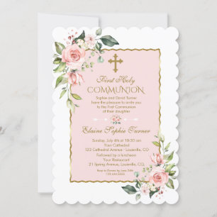 Luxury Blush Flowers Gold First Holy Communion Invitation