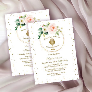Luxury Blush Flowers Gold Frame Holy Communion Invitation