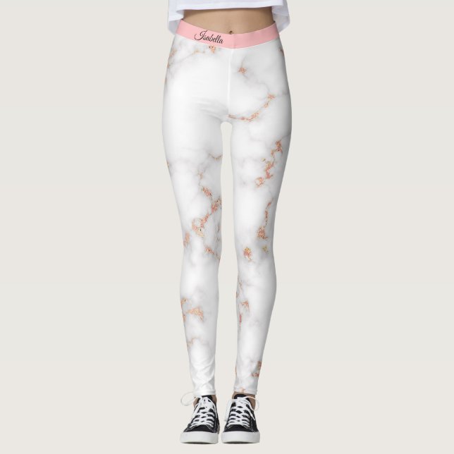 Luxury Blush Glitter Pink White Marble Add Text Leggings (Front)