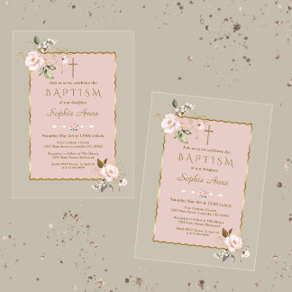 Luxury Blush Pink Gold Flowers Girl Baptism Acrylic Invitations