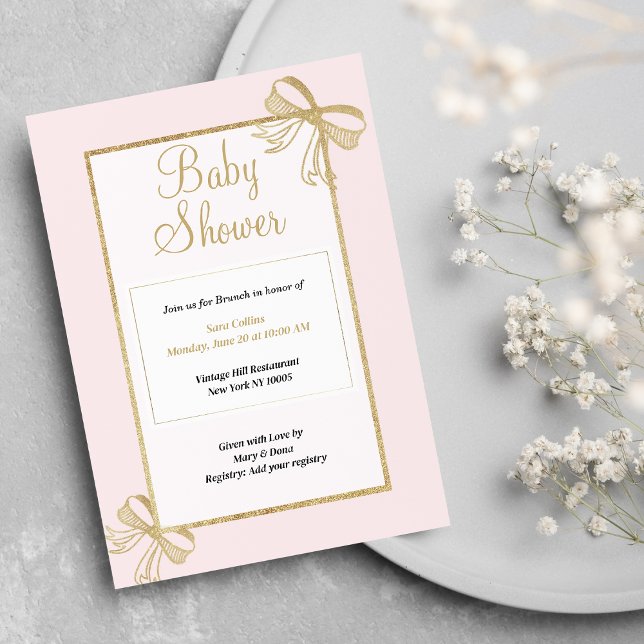 Luxury blush pink gold glitter bow Baby Shower Invitation (Luxury blush pink gold glitter bow Baby Shower)