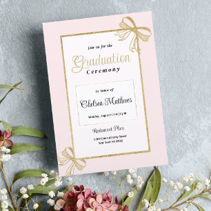 Luxury blush pink gold glitter bow Graduation Invitation