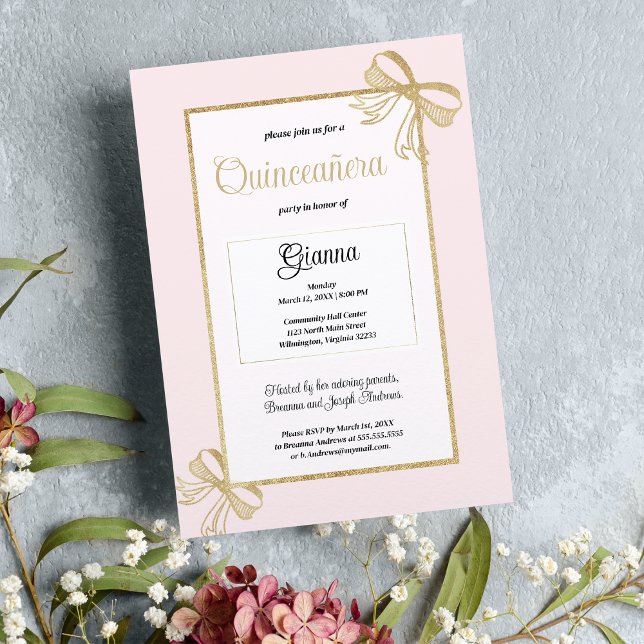 Luxury blush pink gold glitter bow Quinceañera Invitation (Luxury blush pink gold glitter bow Quinceañera)