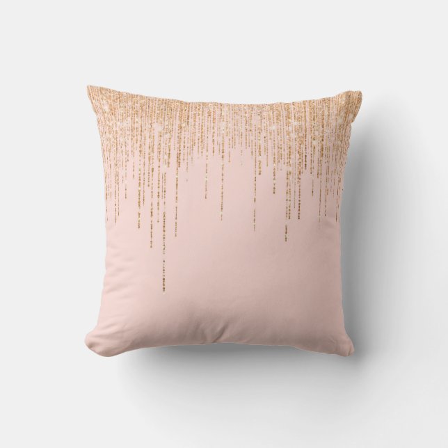 Luxury Blush Pink Gold Sparkly Glitter Fringe Cushion (Front)