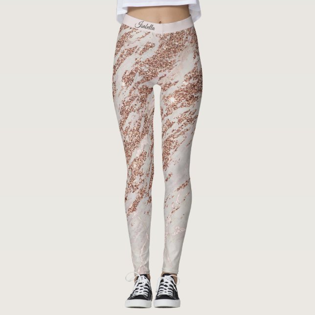 Luxury Blush Pink Rose Glitter Marble Add Text Leggings (Front)