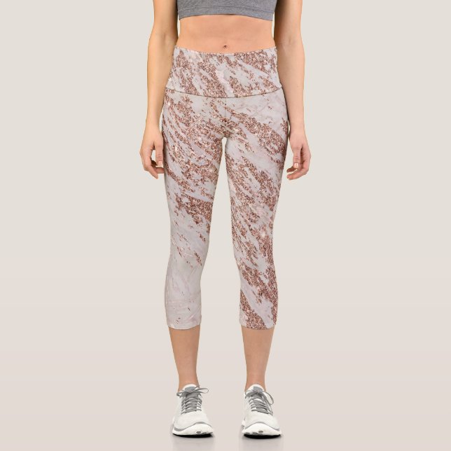 Luxury Blush Pink Rose Glitter Marble Capri Leggings (Front)