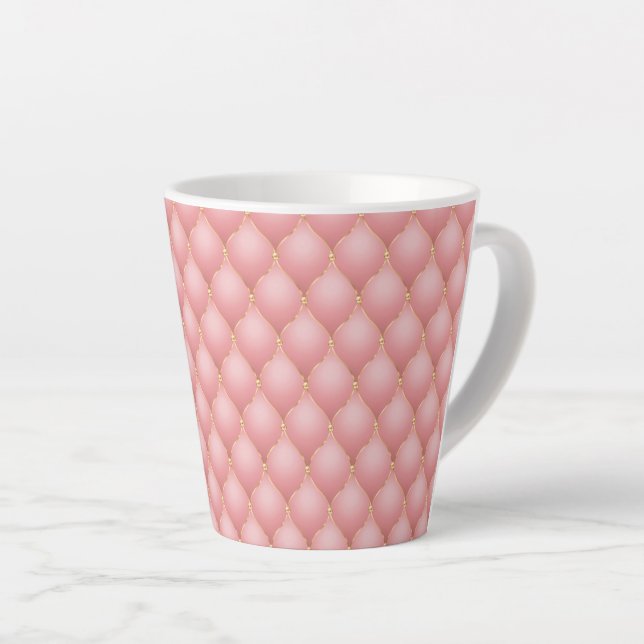 Luxury Blush Pink Rose Gold Diamond Tufted Pattern Latte Mug (Right Angle)