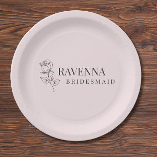 Luxury Blush Pink Rose Line Art Personalised Name Paper Plate