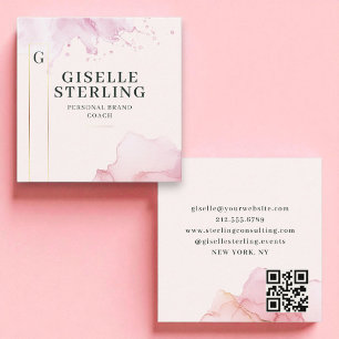 Luxury Blush Pink Watercolor Gold Foil QR Code Square Business Card