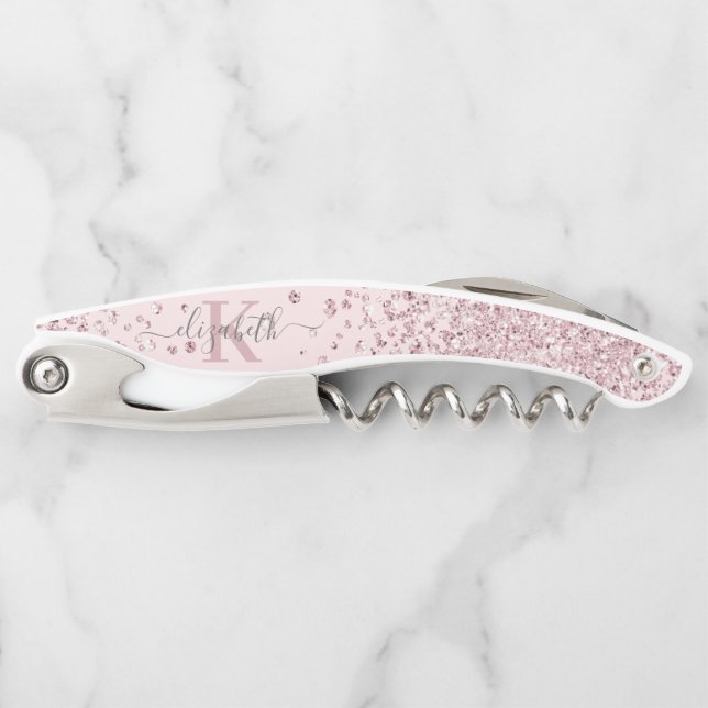 Luxury Blush Rose Gold  Glitter Confetti Monogram Corkscrew (Front)