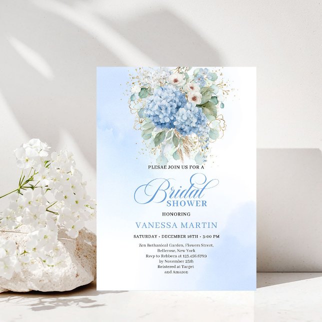 Luxury Bohemian Blue Hydrangea Bridal Shower Invit Invitation (Luxury Bohemian Blue Hydrangea Bridal Shower Invitation)