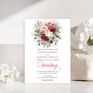 Luxury Bohemian Ruby Red White Gold Wedding Invite