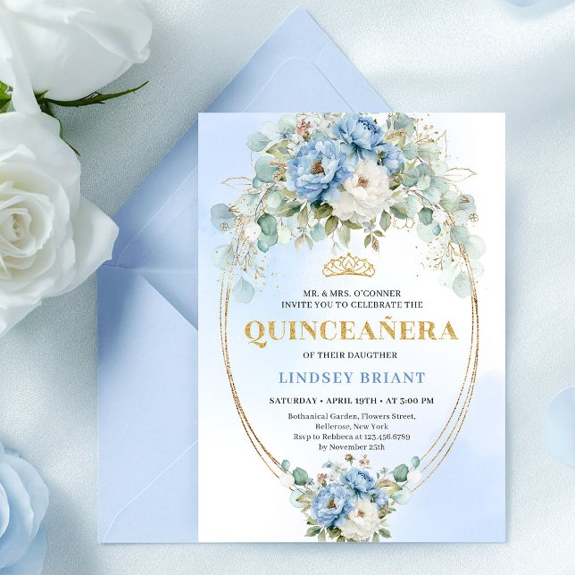 Luxury Boho Blue Peonies Quinceañera Printable Invitation (Luxury Boho Blue Peonies Quinceañera Printable)