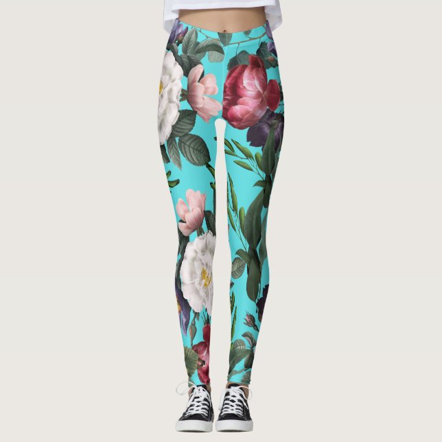 Luxury boho blue sky summer bright rose pattern    leggings (Front)
