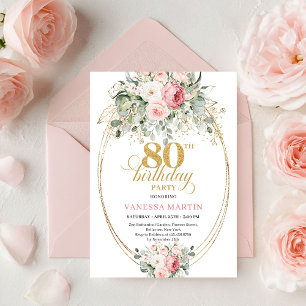 Luxury Boho Blush Floral Greenery Gold 80 Birthday Invitation