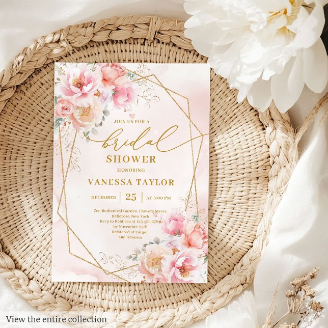 Luxury Boho Blush Gold Floral Bridal Shower Invite (Luxury Boho Blush Gold Floral Bridal Shower Invitation)