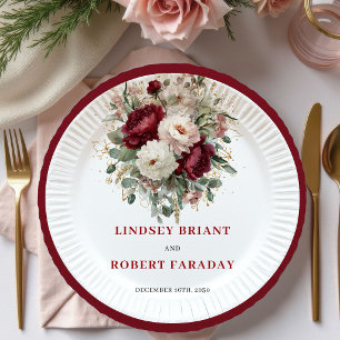 Luxury Boho Burgundy Floral Gold Plates