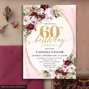 Luxury Boho Burgundy Gold Floral 60th Birthday  Invitation