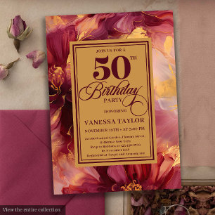 Luxury Boho Burgundy Gold Flowers 50th Birthday  Invitation