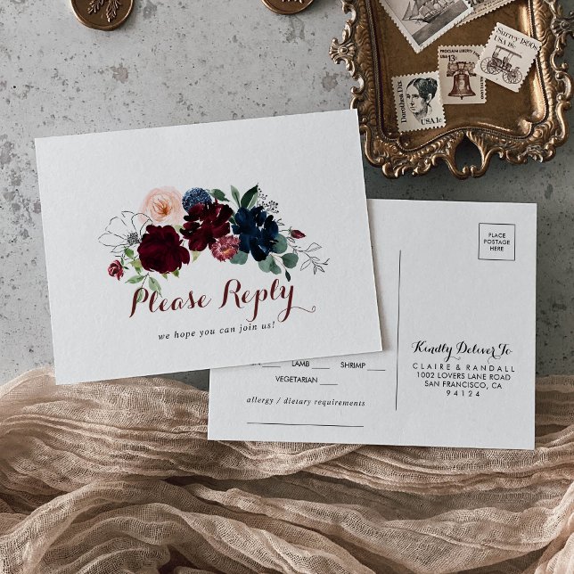 Luxury Boho Colourful Floral Menu Choice RSVP  Postcard (Creator Uploaded)