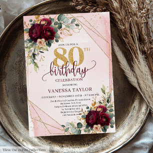 Luxury Boho Dark Red Gold Roses 80th Birthday  Invitation