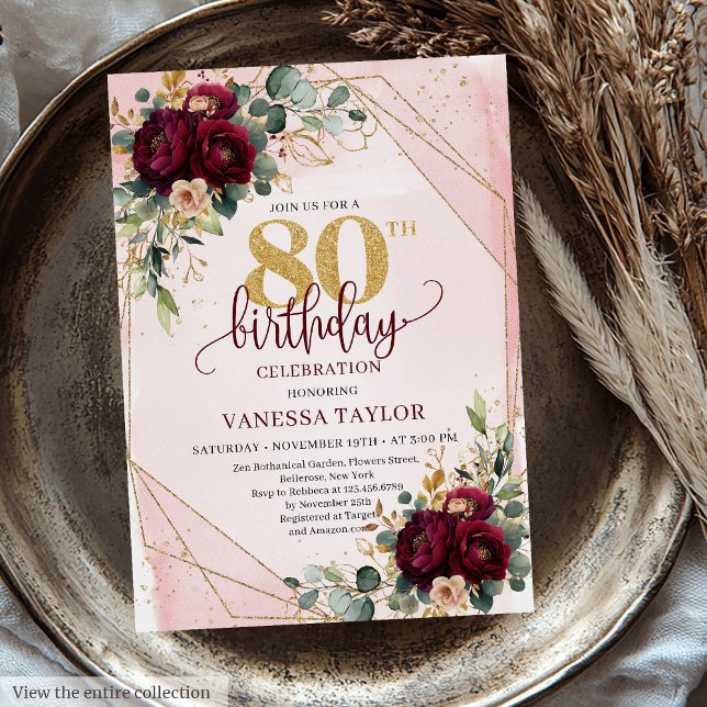Luxury Boho Dark Red Gold Roses 80th Birthday  Invitation (Luxury Boho Dark Red Gold Roses 80th Birthday Invitation)