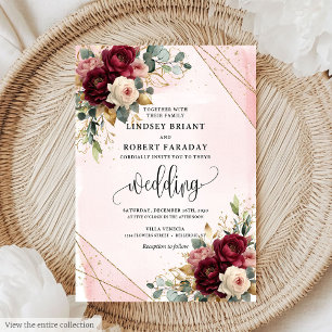 Luxury Boho Dark Red White Gold Roses Wedding  Invitation