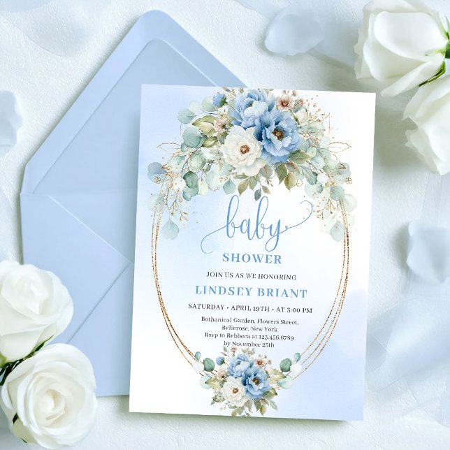 Luxury Boho Dusty Blue Greenery Gold Baby Shower Invitation (Luxury Boho Dusty Blue Greenery Gold Baby Shower)