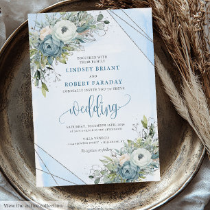 Luxury Boho Dusty Blue Silver Peonies Wedding  Invitation