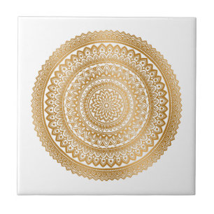 Luxury Boho  Faux Gold Mandala Ornament White Ceramic Tile