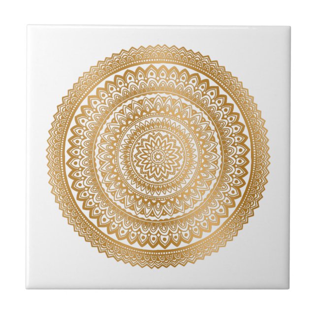 Luxury Boho  Faux Gold Mandala Ornament White Ceramic Tile (Front)
