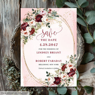 Luxury Boho Maroon Blush Gold Roses Save Date Invitation