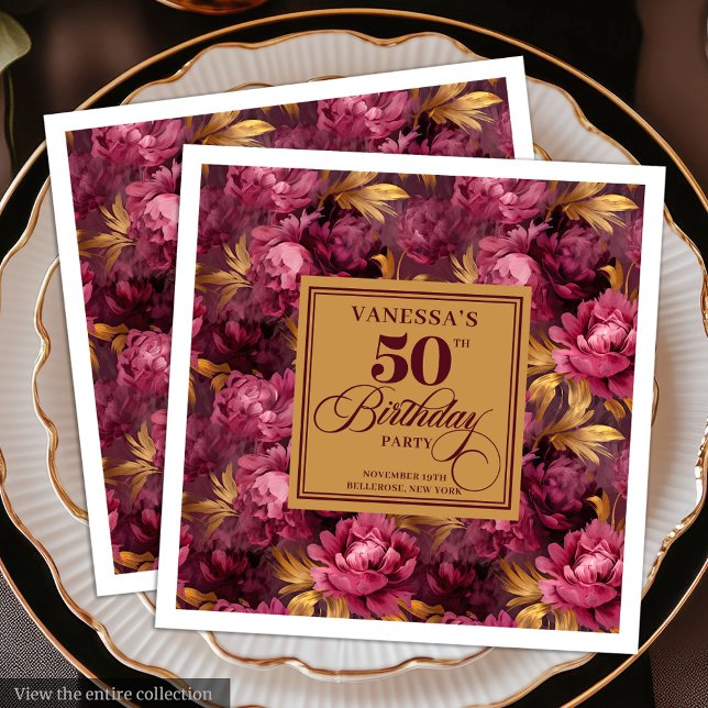 Luxury Boho Marsala Blush Gold 50th Birthday  Napkin (Luxury Boho Marsala Blush Gold 50th Birthday Paper Dinner Napkins )