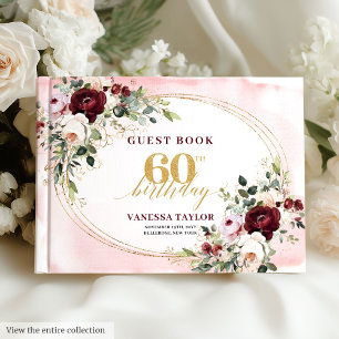 Luxury Boho Marsala Gold Floral 60th Birthday Guest Book