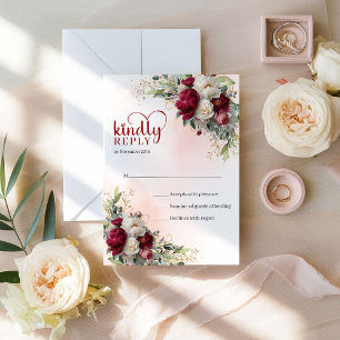 Luxury Boho Red White Floral Gold Wedding RSVP Card