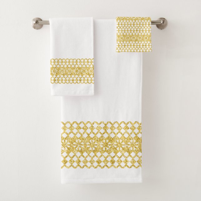 Luxury Border Gold Lace on White Bath Towel Set (Insitu)